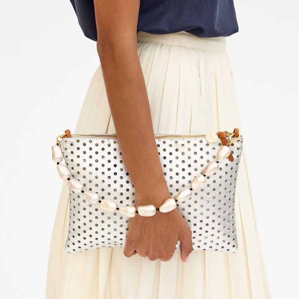 Clare V. Silver Punch Flat Clutch with Tabs and Baroque Pearl Shortie Strap